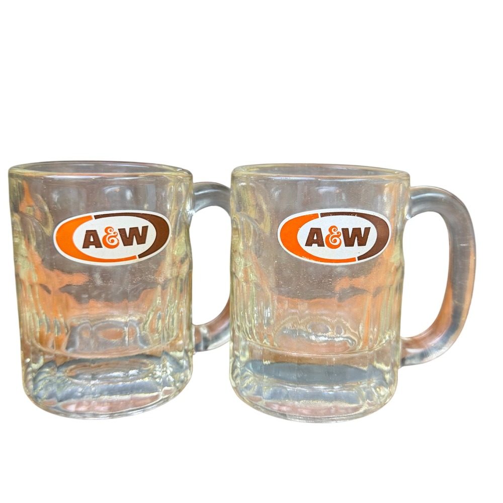 A&W Root Beer Mug Glass Set Clear 3.25 Mini kids Cup Iconic Soda Advertising 2pc